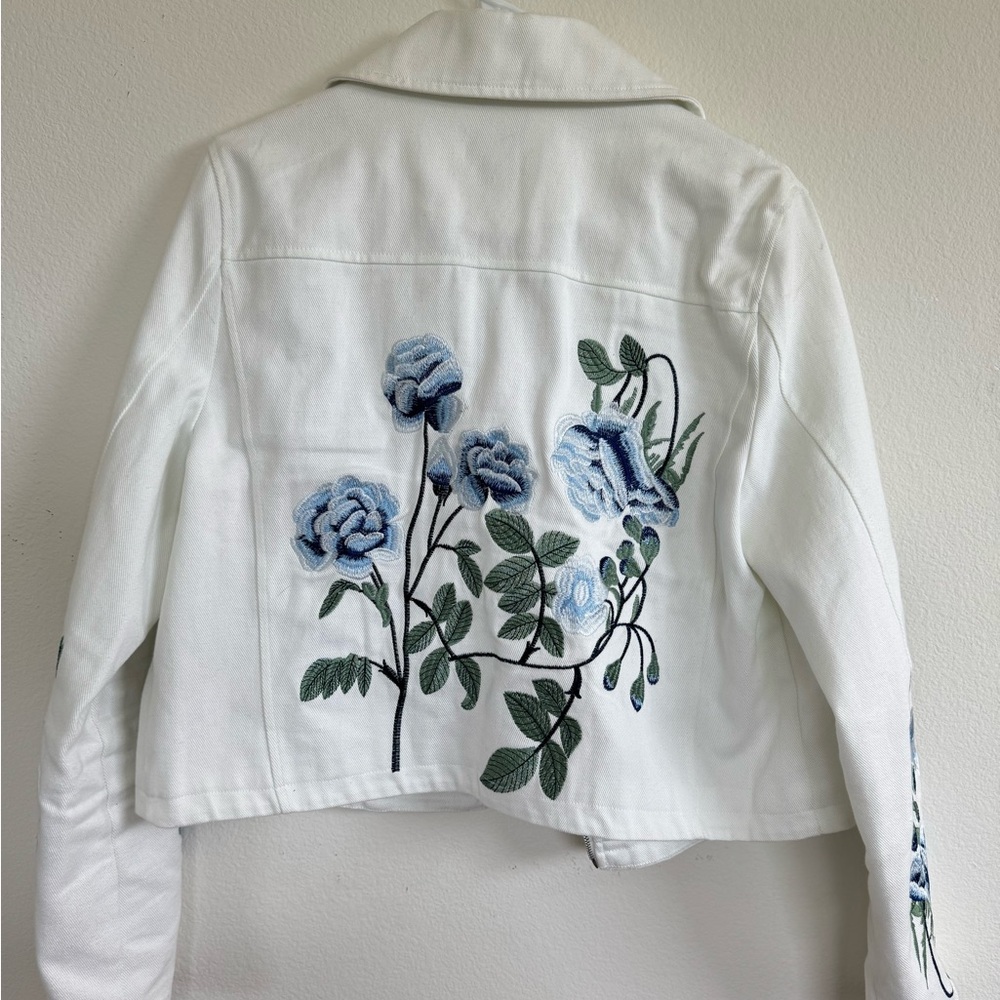 Embroidered White Jacket with Blue Floral Design